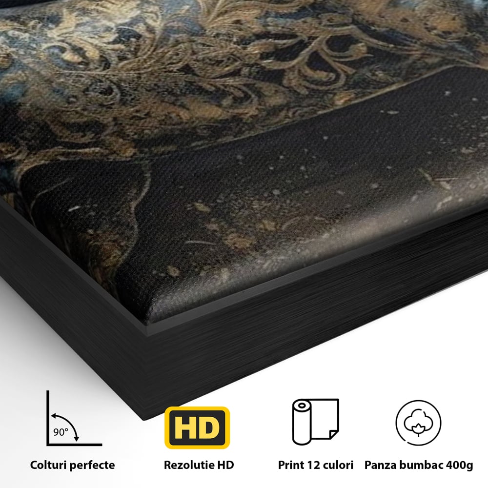 Detaliu al suprafetei: tablou canvas cu armasar in galop, in rama de aluminiu negru